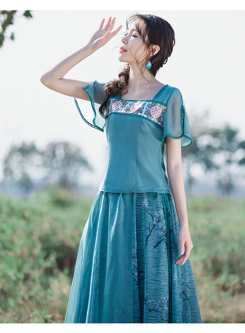 烟花烫民族风半身裙女2020夏季新款花枝图案森系文艺裙子zg迷途蓝绿色