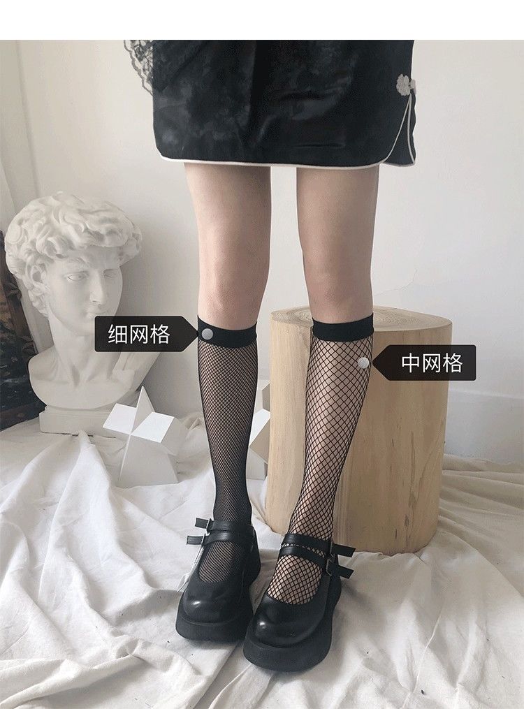 鱼网袜中筒渔网袜短袜女士春夏欧美镂空中筒网袜黑色网眼长筒袜 黑色