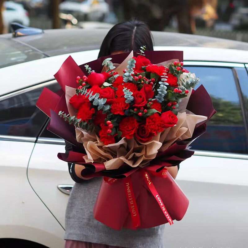 钰尚红色系新年春节鲜花玫瑰混搭花束北京广州同城红玫瑰针垫母亲节