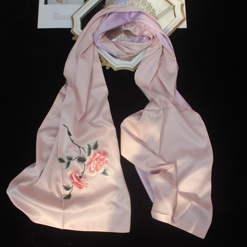 新品苏绣丝巾苏州刺绣春秋款绣花围巾披肩牡丹苏绣丝巾母亲节妈妈红色