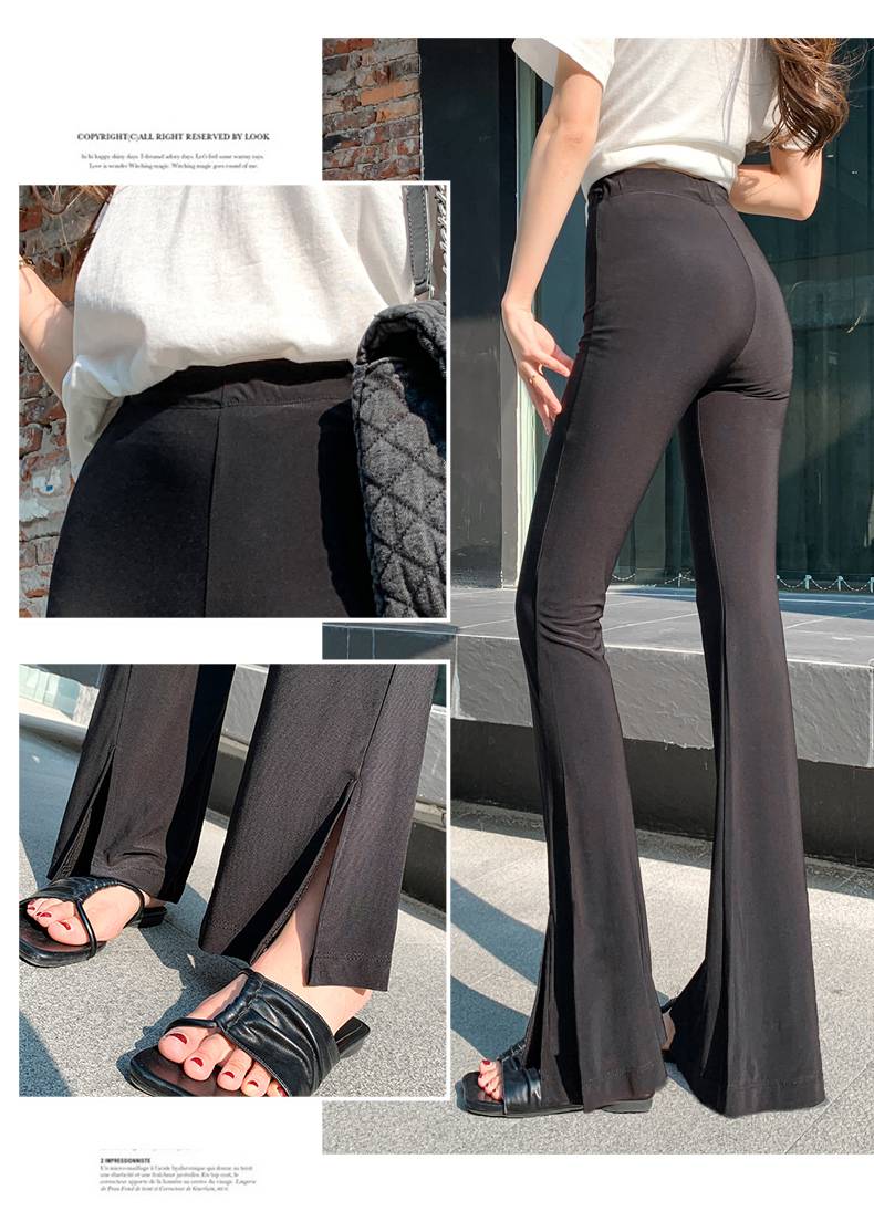 高弹裤女超薄 开叉喇叭裤女新冰丝显瘦显腿长丝滑长裤 弹力喇叭裤688