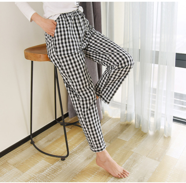 春季女士梭织棉格子家居裤老粗布睡裤宽松初秋棉长裤休闲可外穿女天蓝