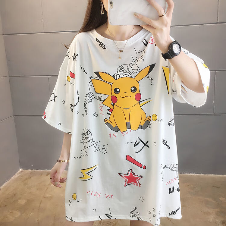 2022新款夏装可爱皮卡丘短袖t恤女初中生中长款ins宽松短袖上衣潮黄色
