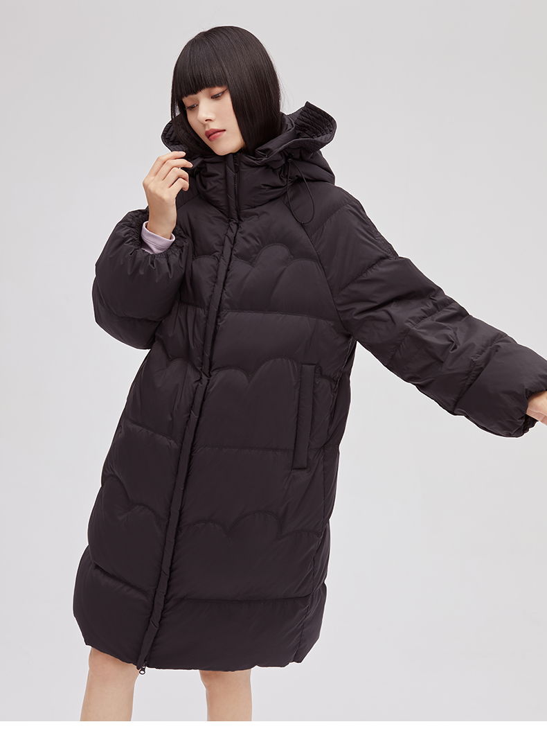 艾莱依中长款羽绒服女2021年新款高端白鸭绒花苞帽冬装外套90绒 蜜桔