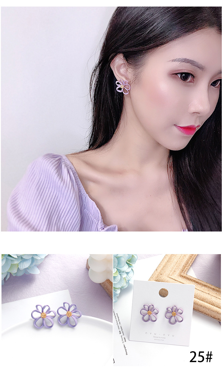 京粉新款耳环潮紫色系简约小清新耳钉女韩国气质网红花朵定情信物情人