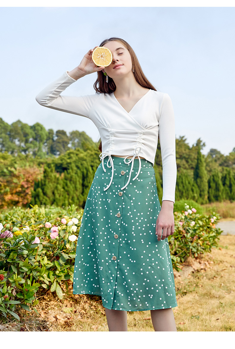 朵以2020秋装新款显瘦高腰复古波点a字半身裙中长款女35dc641133绿底