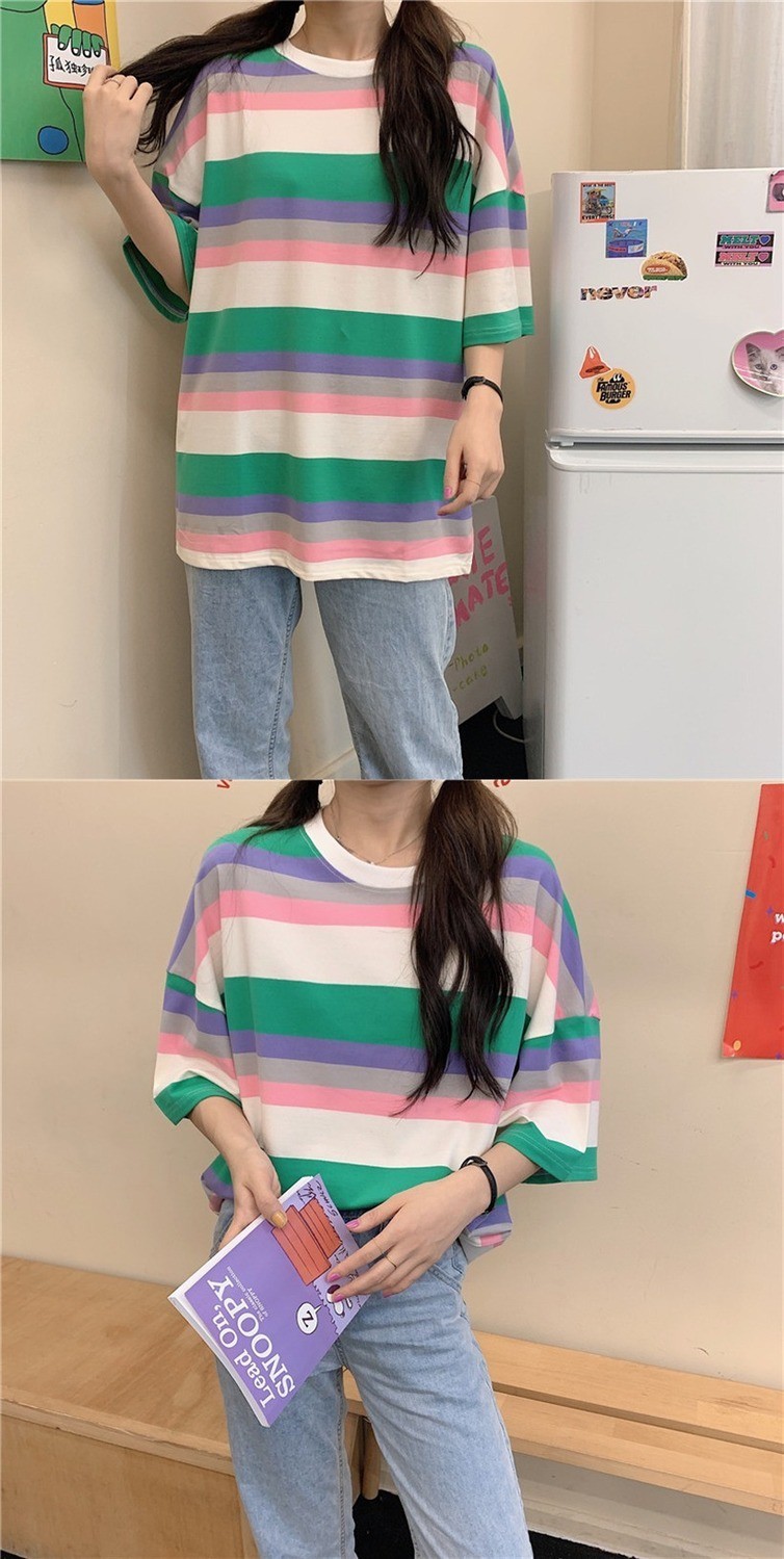 贤语泫雅风条纹短袖t恤女夏中长款学生韩版宽松bf风ins半袖中袖上衣潮