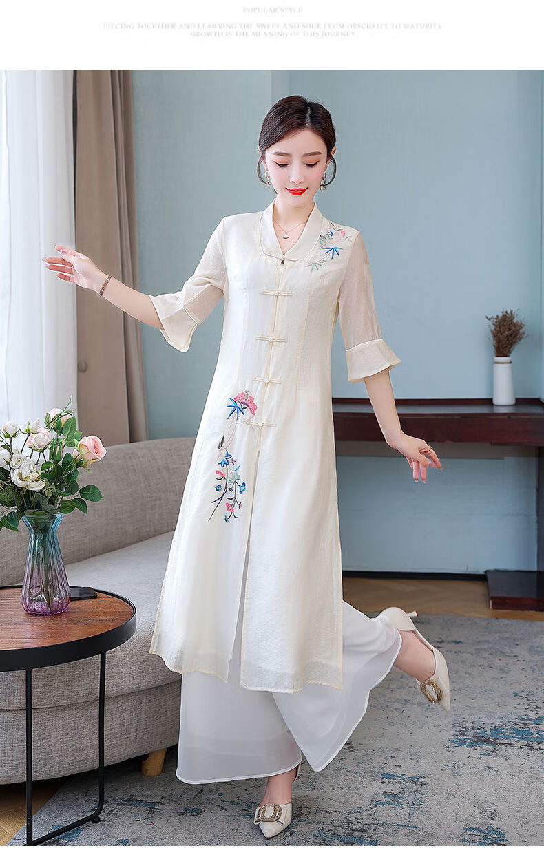 禅茶服茶艺服装女中国风复古中式禅意茶服改良旗袍盘扣上衣茶艺师服装