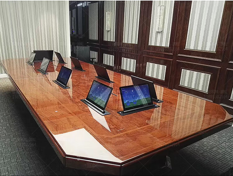 实木油漆大型无纸化升降器会议桌长桌升降屏智能办公条桌 5米会议桌配
