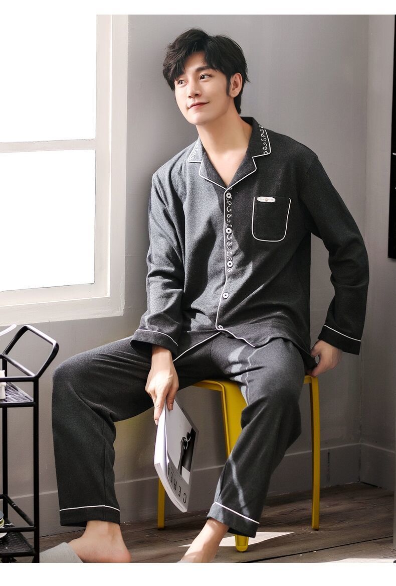 潮汕揭阳睡衣睡衣男长袖纯棉春秋季青年中年男士睡衣薄款全棉秋冬季