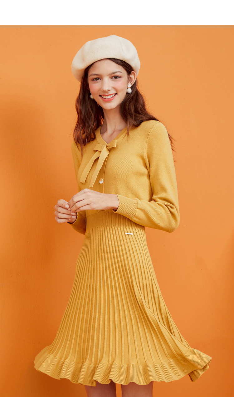 eland衣恋衣念春季纯色优雅蝴蝶结绑带百褶裙女针织飘逸连衣裙黄色30