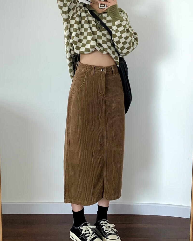 虞智轻奢品牌秋冬咖色灯芯绒半身裙女冬季高腰棕色a字裙子咖啡色半裙