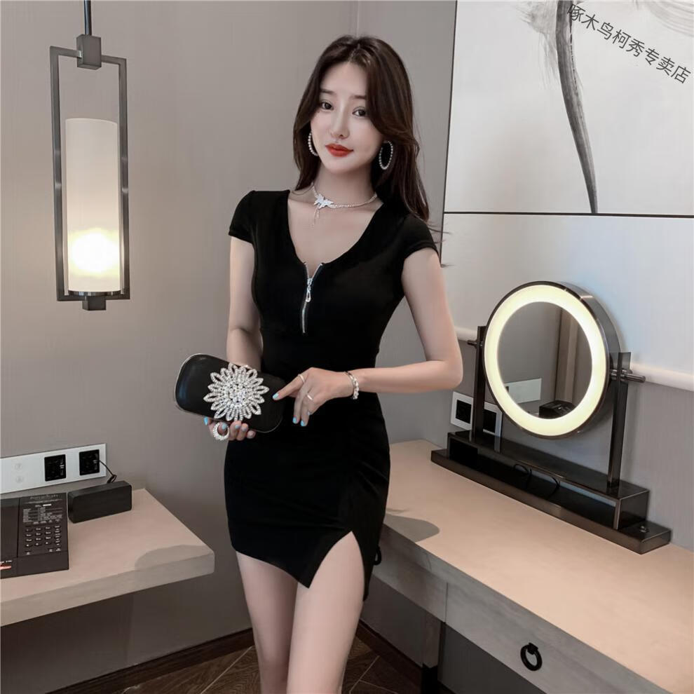 啄木鸟夏装新款夜场名媛修身v领拉链开叉性感短袖打底包