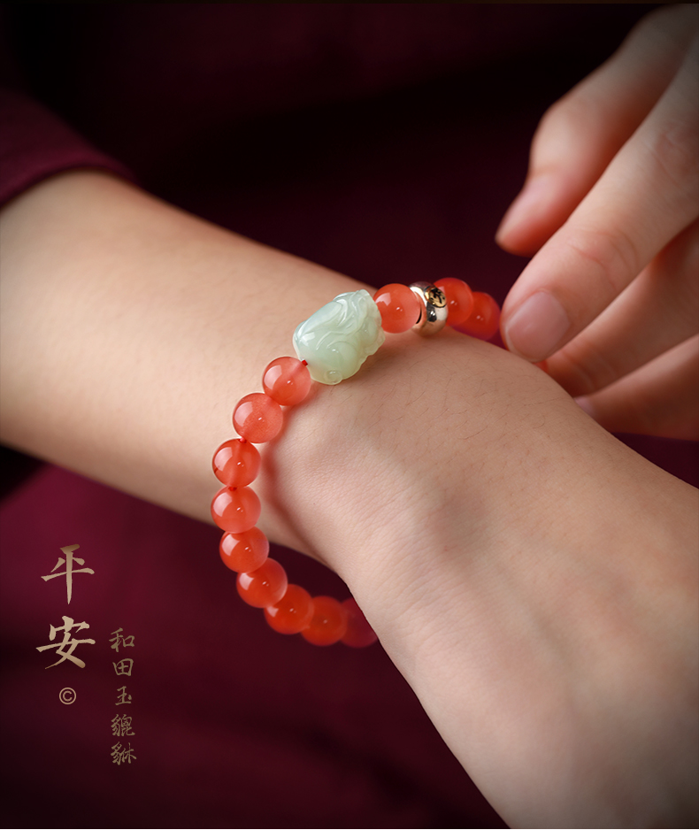 淘运阁南红玛瑙手串女文玩红肉和田玉貔貅本命佛手链佛珠送女友老婆