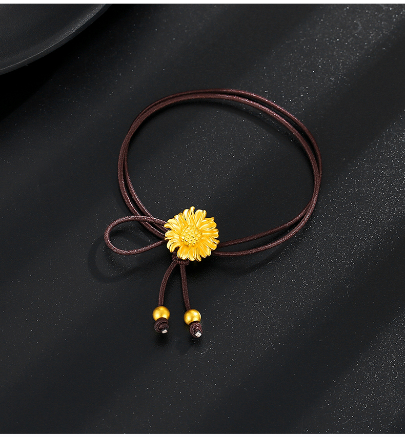 老凤凰999足金向日葵黄金头绳女转运珠扎头发马尾3d硬金花形朵花蕊