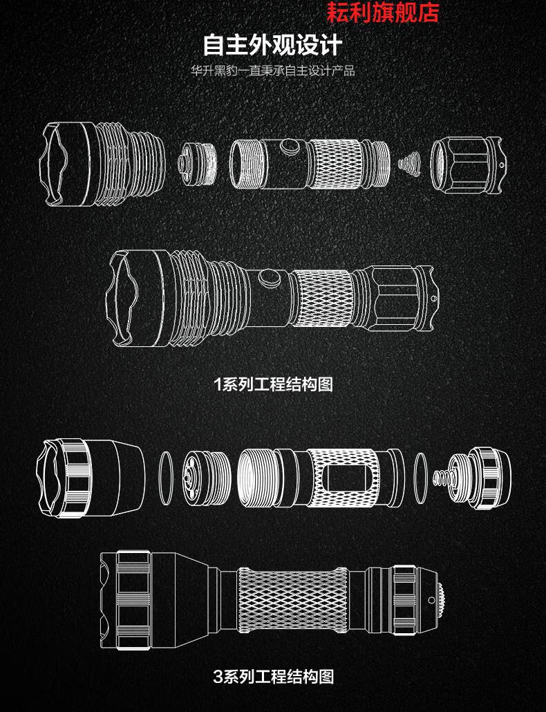 华升黑豹手电筒wasing充电超亮led徒步超小迷你夜骑家用探洞水防爆