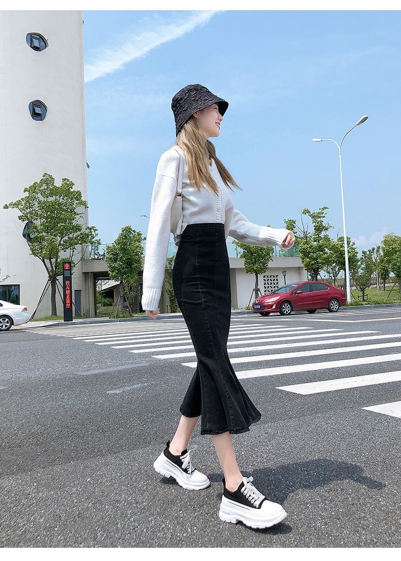 矮个子牛仔半身裙女秋季新款学生高腰弹力百搭中长款包臀鱼尾裙潮复古