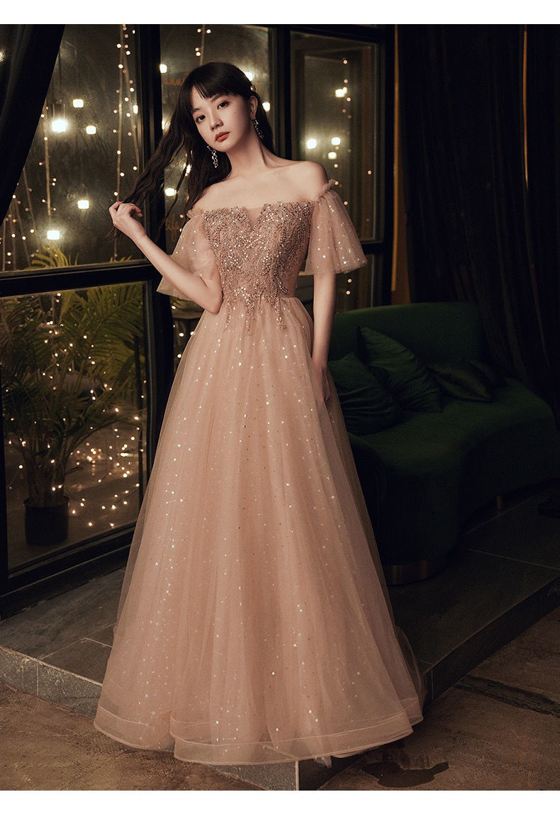 一字肩晚礼服女新款气质宴会粉色仙气长款主持人高端大秋千坠卡其色xs