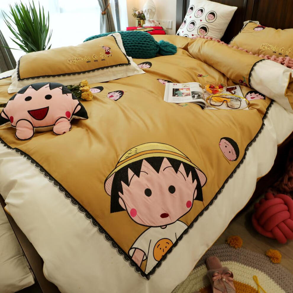 樱桃小丸子少女心80支双面长绒棉四件套纯棉被套可爱女孩床上用品墨