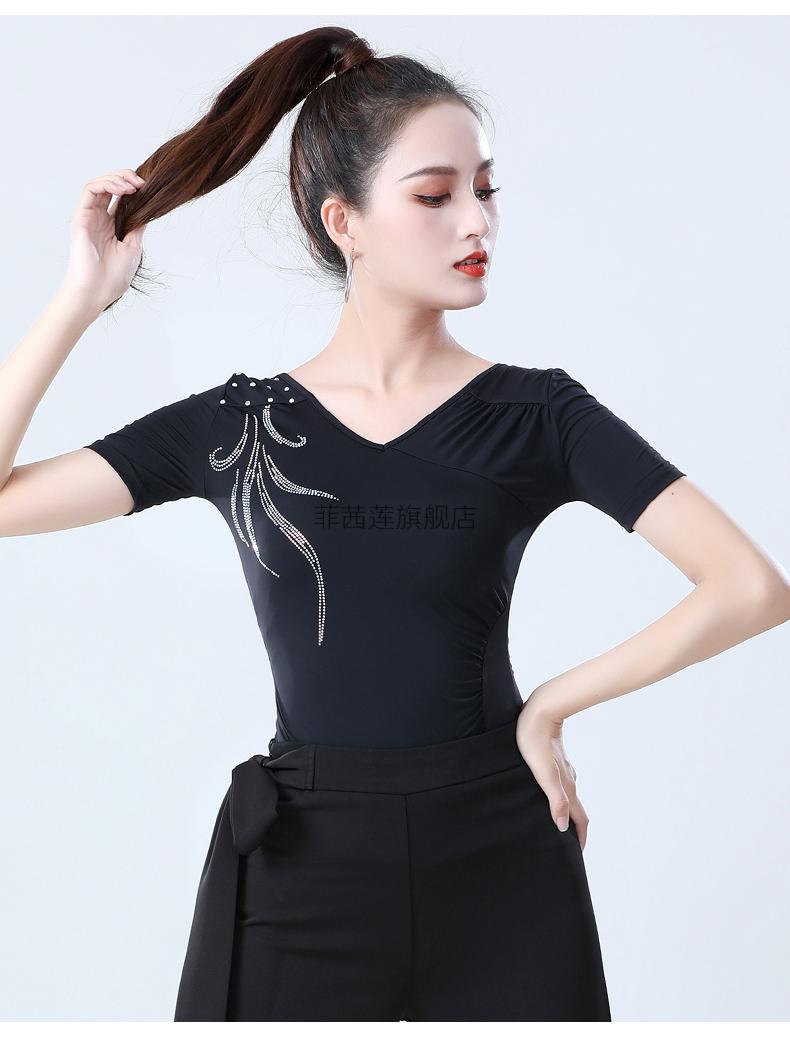 上衣女短袖练功服镶钻国标舞摩登舞蹈演出服新款时尚舞衣夏国标舞上衣