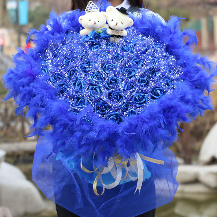 蓝色妖姬干花永生蓝玫瑰花99朵仿真花束鲜花假花生日情人节礼物 翠