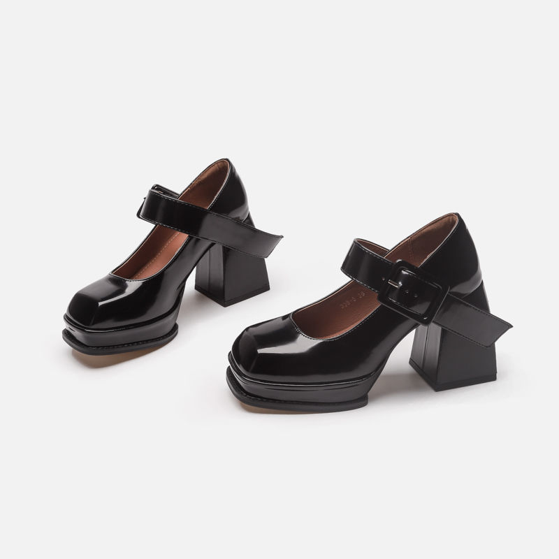 猪腰子鞋洛丽塔鞋萝莉鞋复古鞋方头日系jk小皮鞋女高跟鞋粗跟单鞋一字