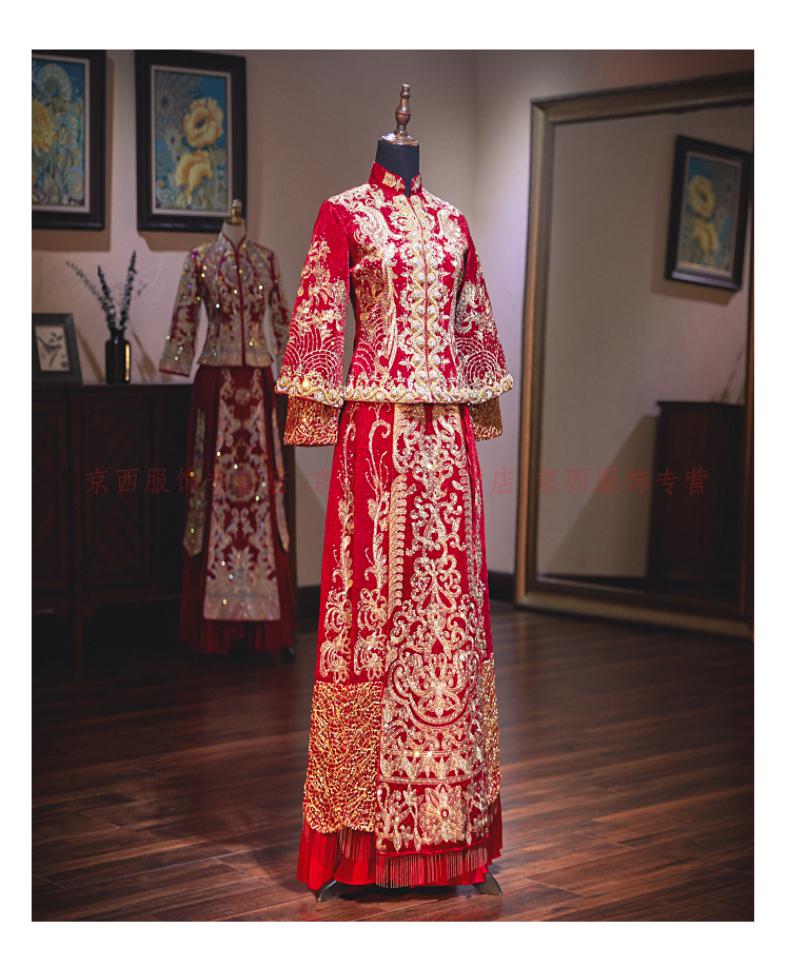 结婚出阁服中式婚纱秀和敬酒服喜服龙凤褂回门2022缎面裙无钻无头配饰