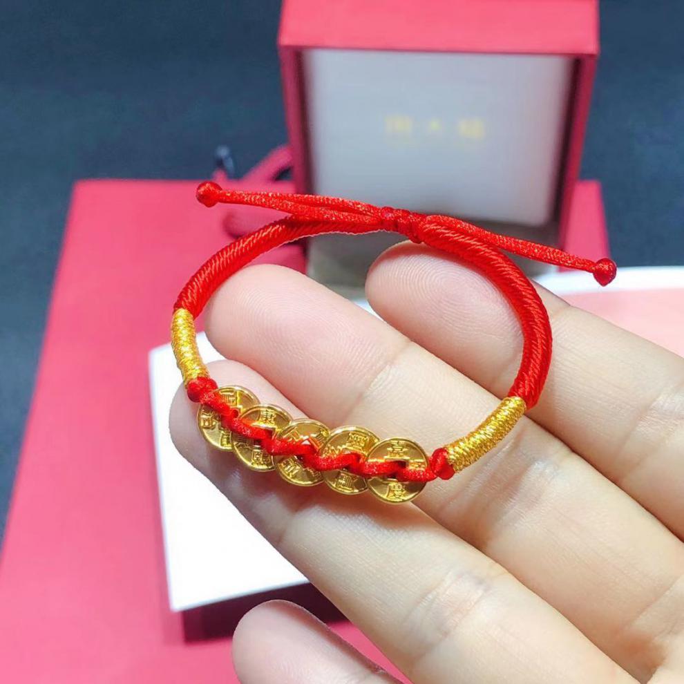 五帝钱金币黄金手链转运珠足金串珠红绳路路通亲子福手绳吊坠 一套(5