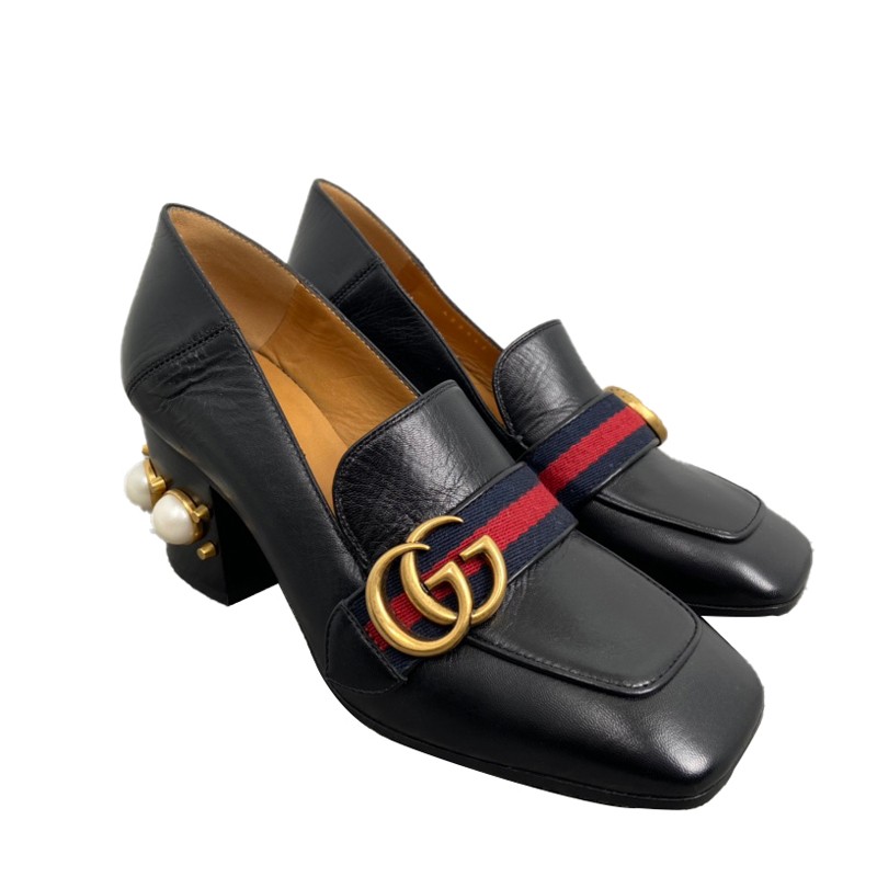 gucci古驰黑色皮质珍珠跟女士高跟鞋黑色系39
