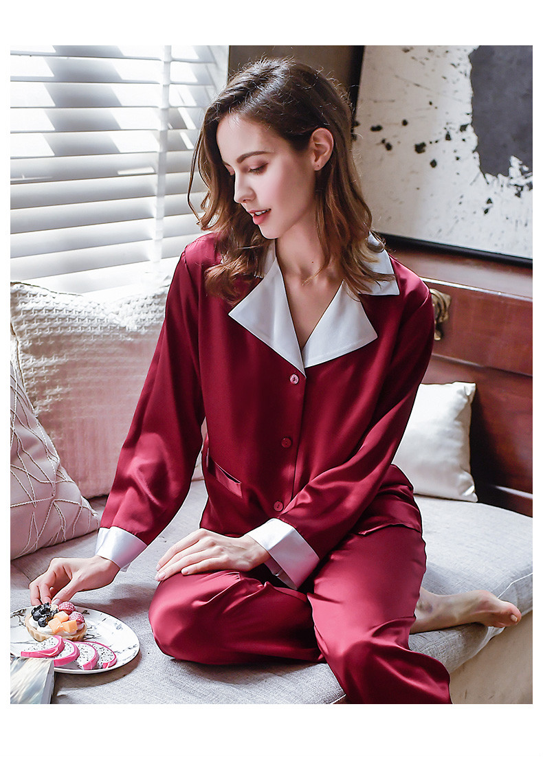 新款22姆米重磅真丝睡衣女两件套装长袖大翻领春秋真丝家居服 红色