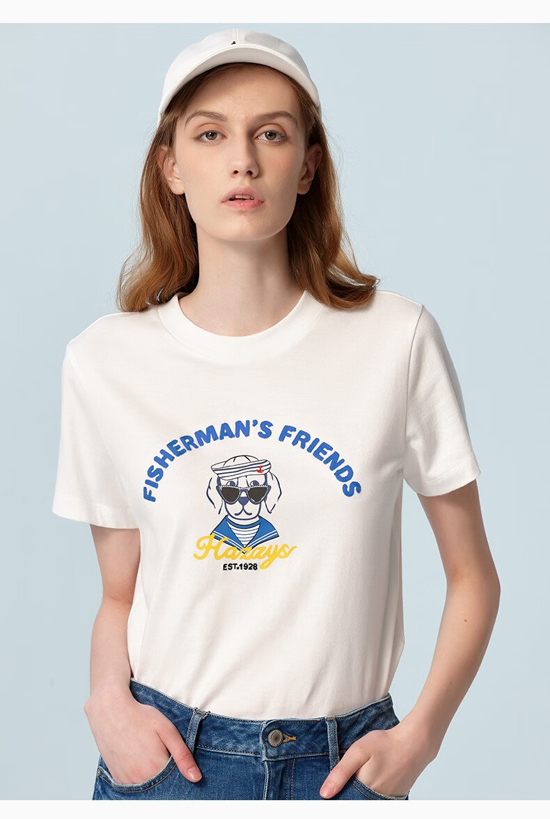 商场同款哈吉斯hazzys2022年春夏新款t恤女狗狗印绣花圆领t恤astse02