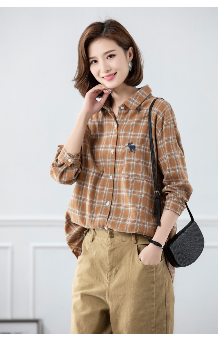 九分袖衬衫女文艺刺绣2020秋装宽松休闲百搭衬衣韩版简约上衣 桔黄格