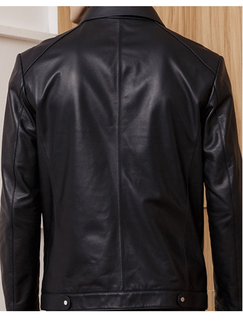 报喜鸟秋冬男士休闲时尚皮衣 修身韩版青年绵羊皮机车服潮皮夹克 黑色