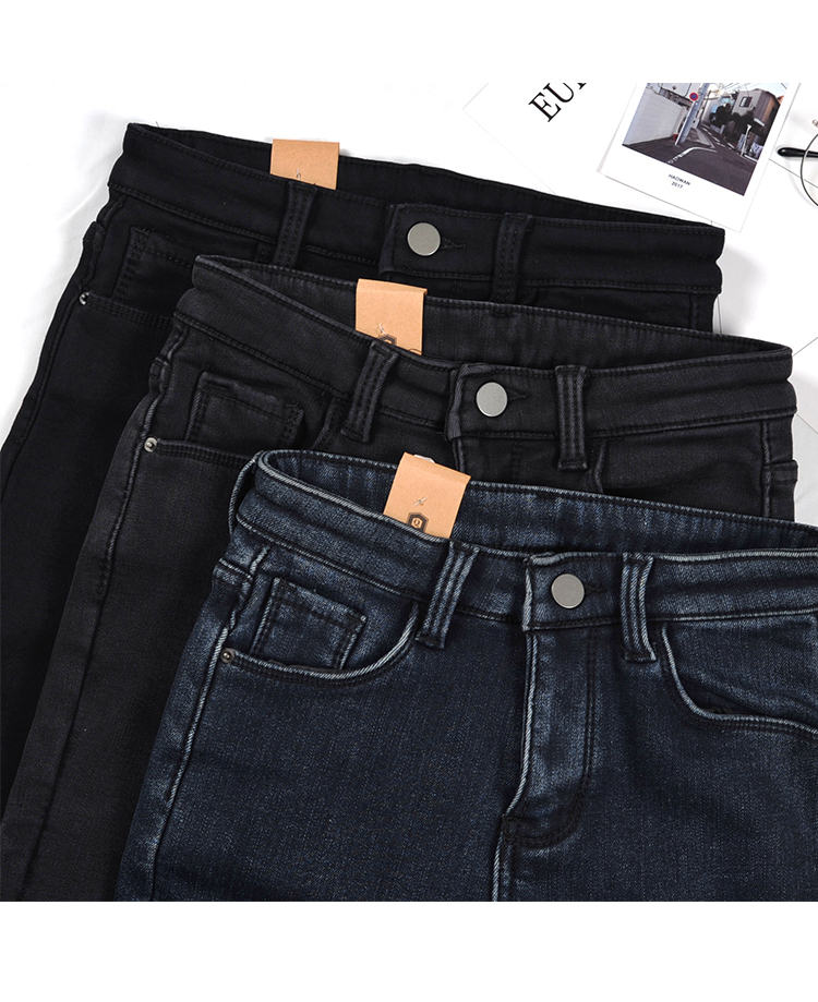 qiqi琦琦加绒加厚牛仔裤女高腰弹力冬季保暖烟灰色小脚铅笔裤chic