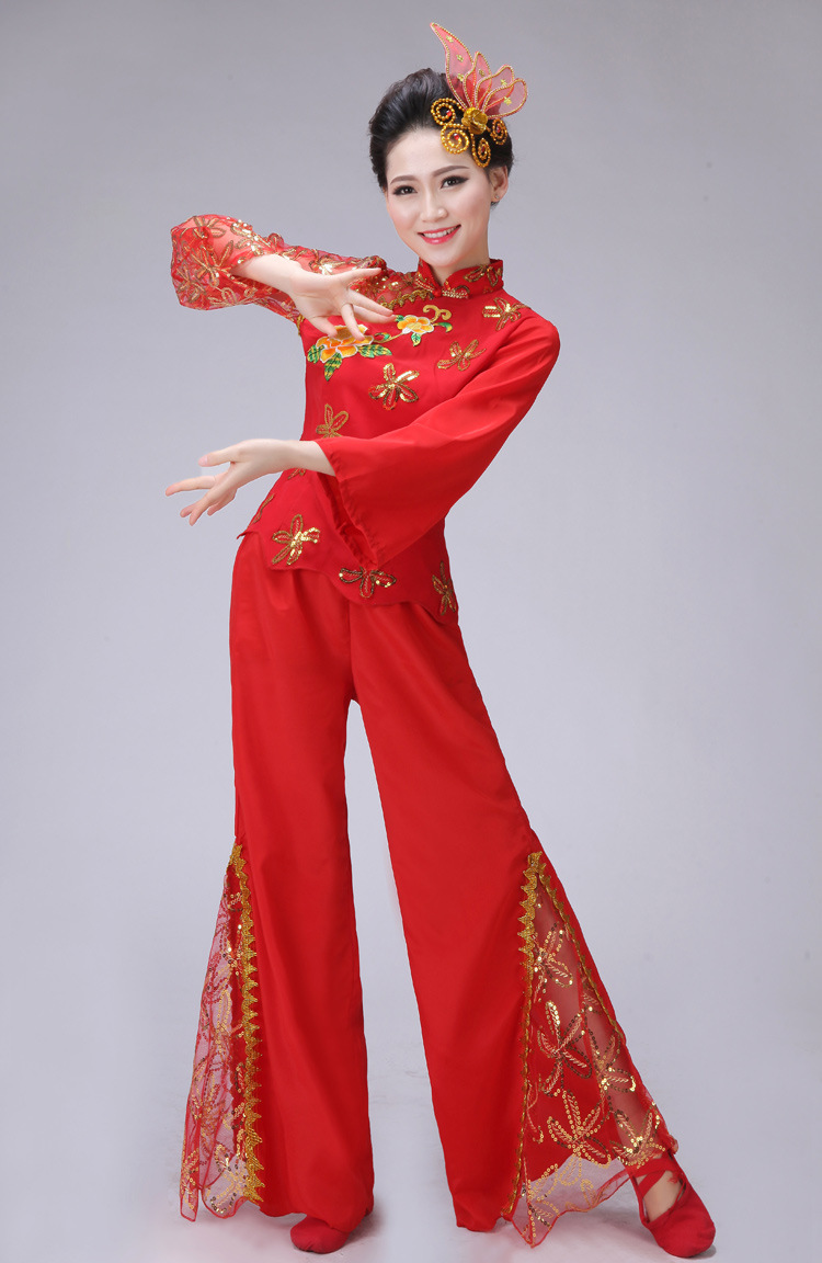 秧歌服装演出服民族舞蹈腰鼓服装扇子舞现代广场舞女装 红色 s_ 8折