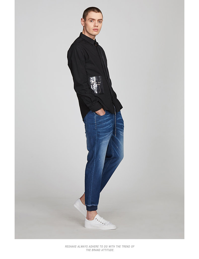 马克华菲型格衬衫男2018夏新款时尚飘带款色纯色长袖衬衫潮 纯黑色 l