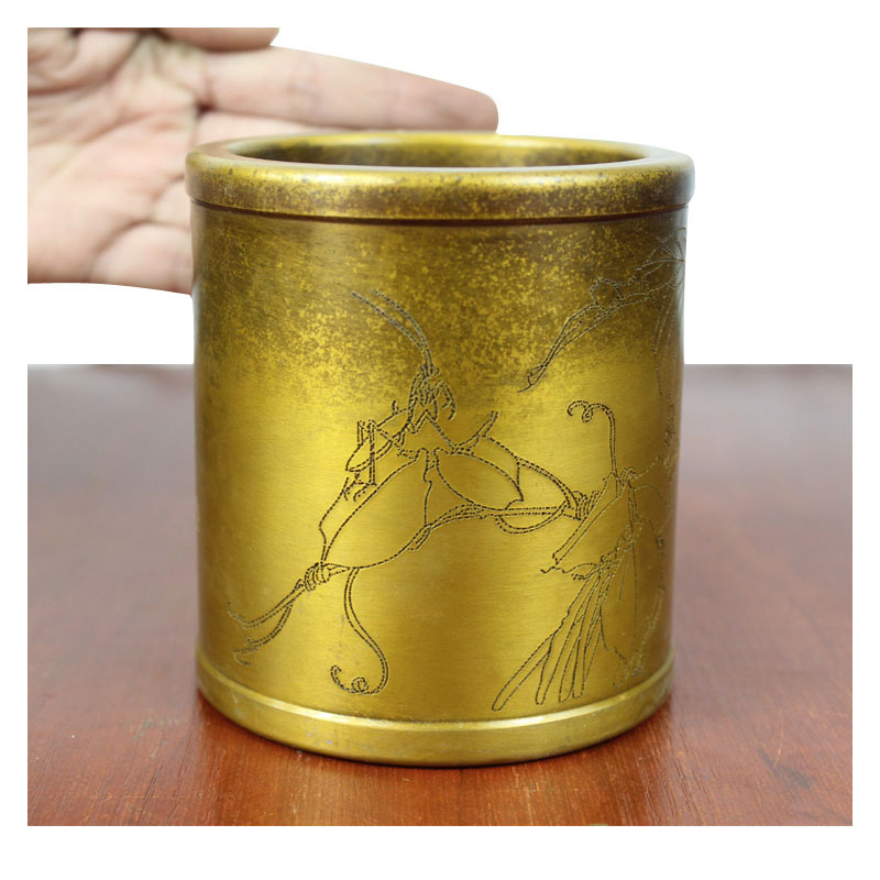 真全铜器纯铜笔筒黄铜笔筒蝴蝶笔筒螳螂笔筒工艺品摆件大号蝴蝶螳螂