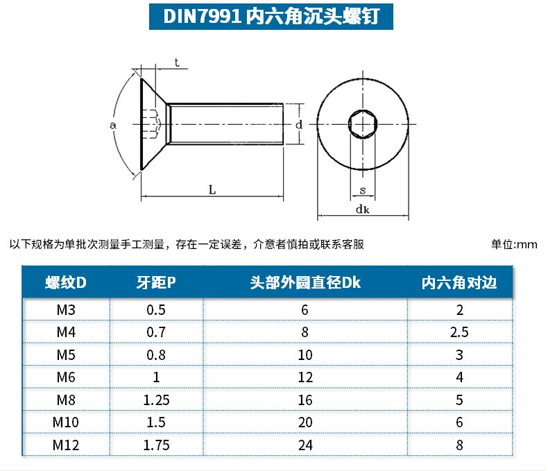 劲功m3m4m5m6m8 201不锈钢沉头内六角螺丝螺栓平杯平头螺丝平头内六角