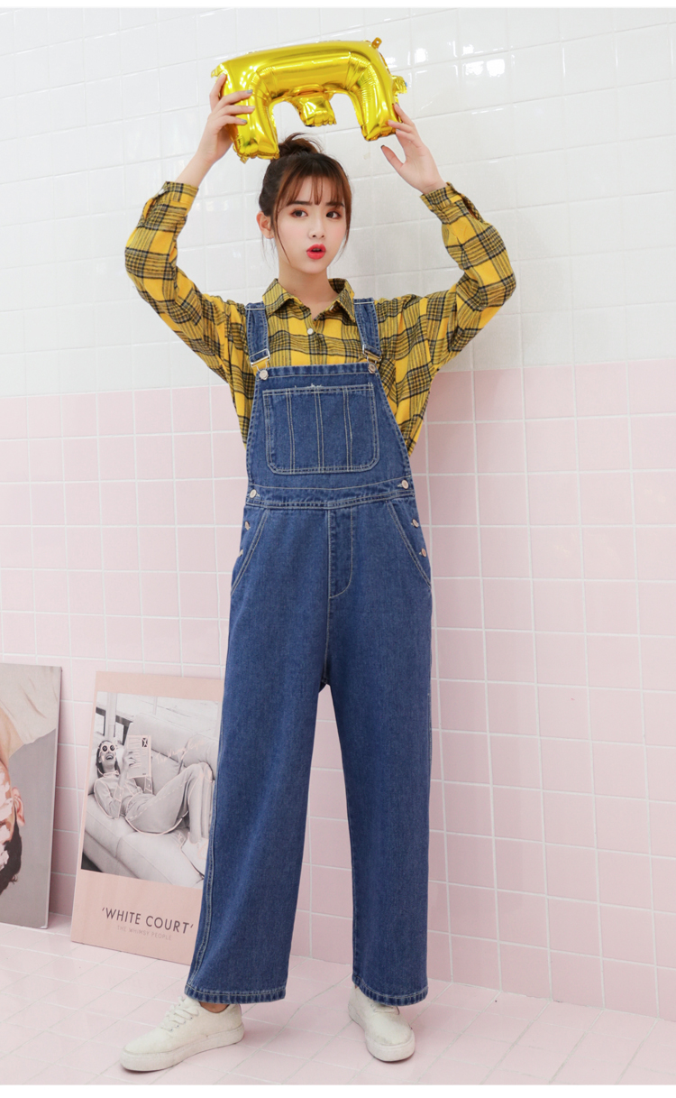 新款宽松无弾高腰水洗阔腿裤吊带裤牛仔背带裤女 蓝色 xs_ 6折现价99