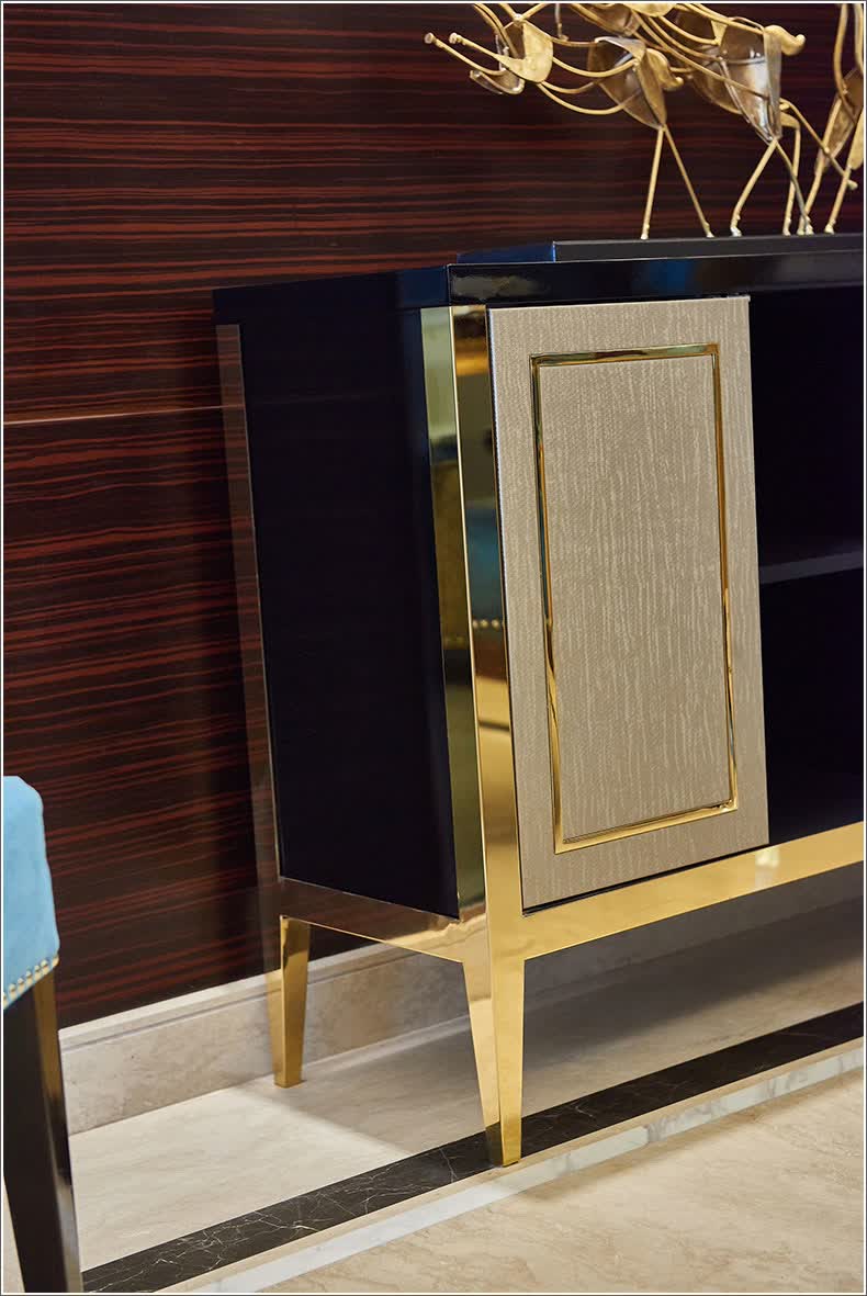 菲尼其 现代简约风格香槟金色不锈钢餐边柜餐厅储物柜高档家具定制