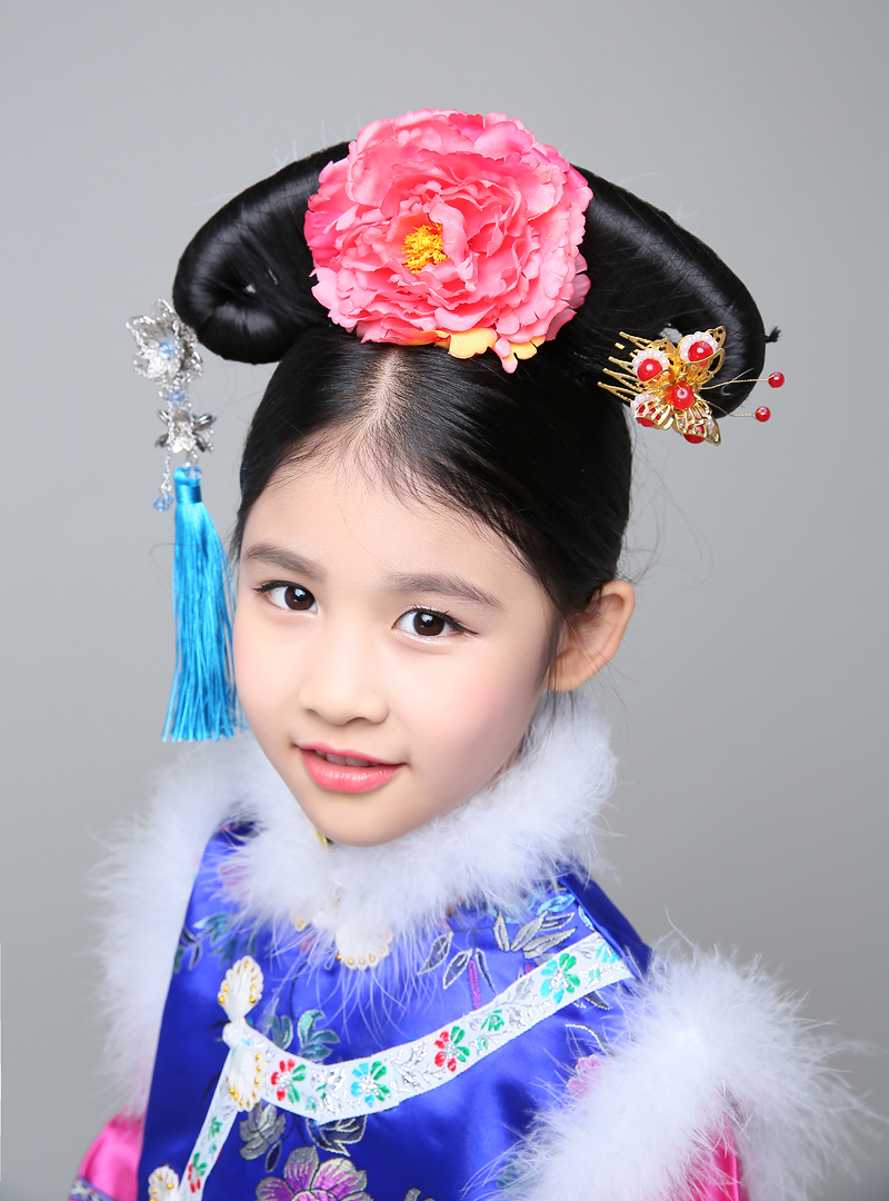 六一儿童演出服格格服装 清朝古装女童满族旗服 古宫女表演服 粉红色