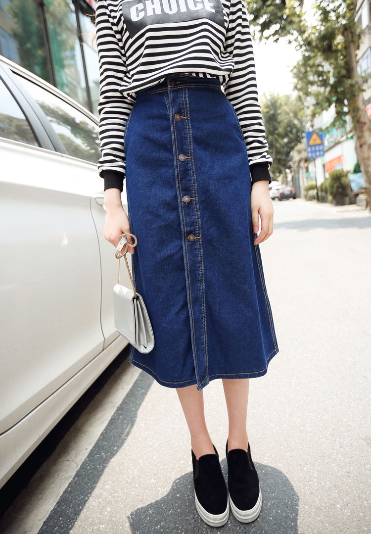 弗黛2016单排扣开叉中长款牛仔半身裙高腰显瘦a字裙学生半裙伞裙子
