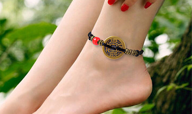 本命年红绳手工编织五帝铜钱手链脚链男女情侣 五帝钱红绳脚链28cm 赠
