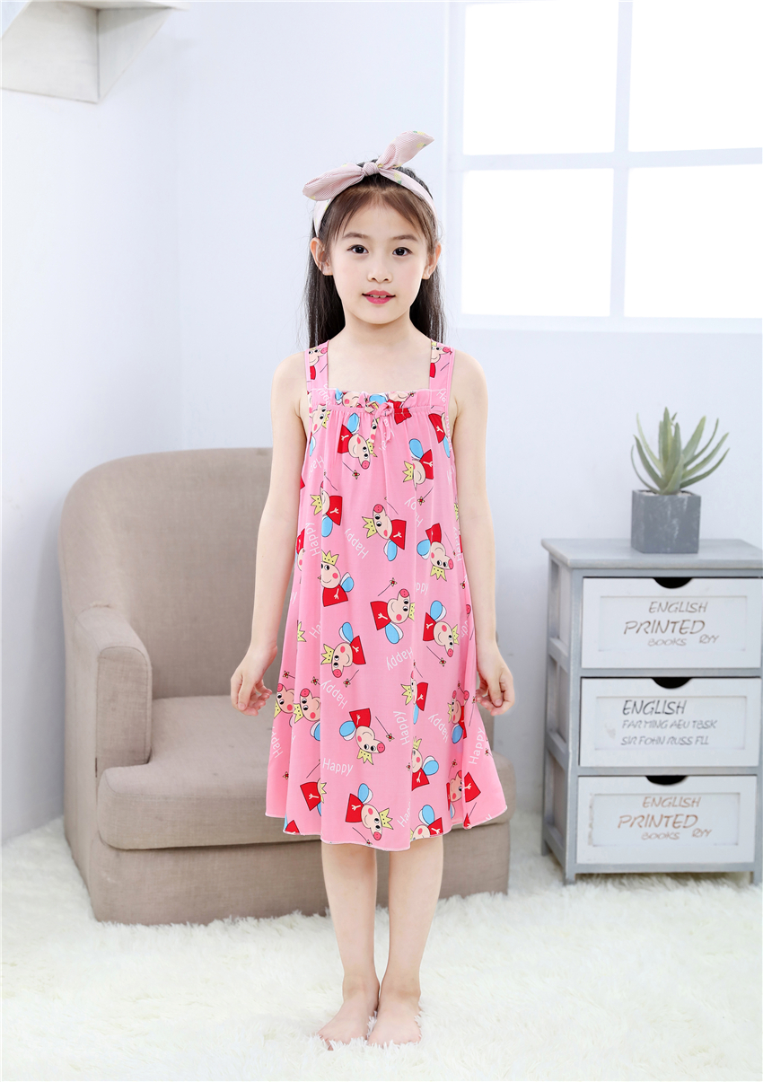 诺贝宜 夏儿童棉绸吊带睡裙人造棉可爱公主睡衣绵绸无袖薄女孩宝宝