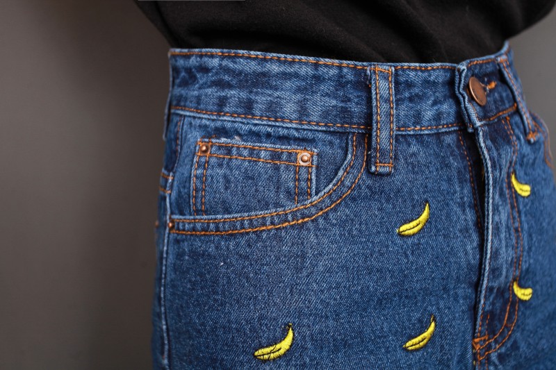 简诗蔻2016春夏新款韩国订单香蕉刺绣耳仔女牛仔短裤百搭8135# 蓝色 m