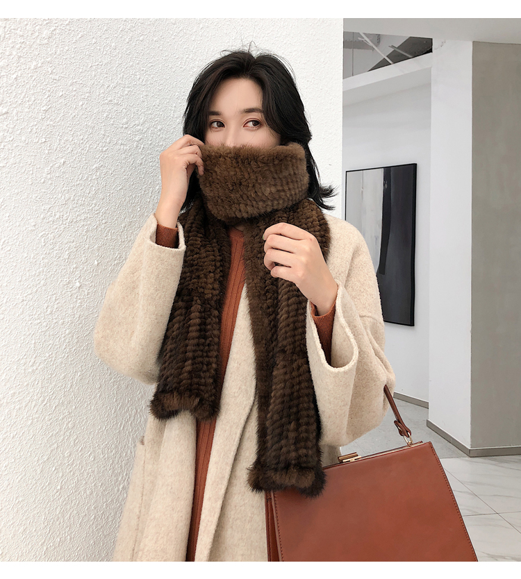 皮草围巾貂毛水貂围巾女冬季真毛双面编织韩版新款加长加厚保暖黑色