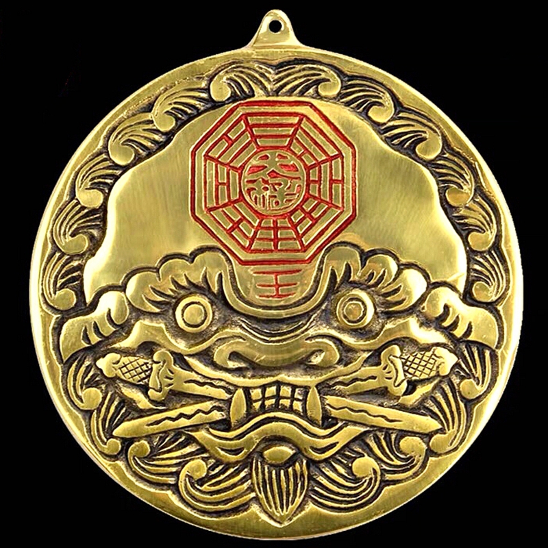 修明堂 风水用品 铜虎头牌狮子咬剑八卦镜挂件 震宅