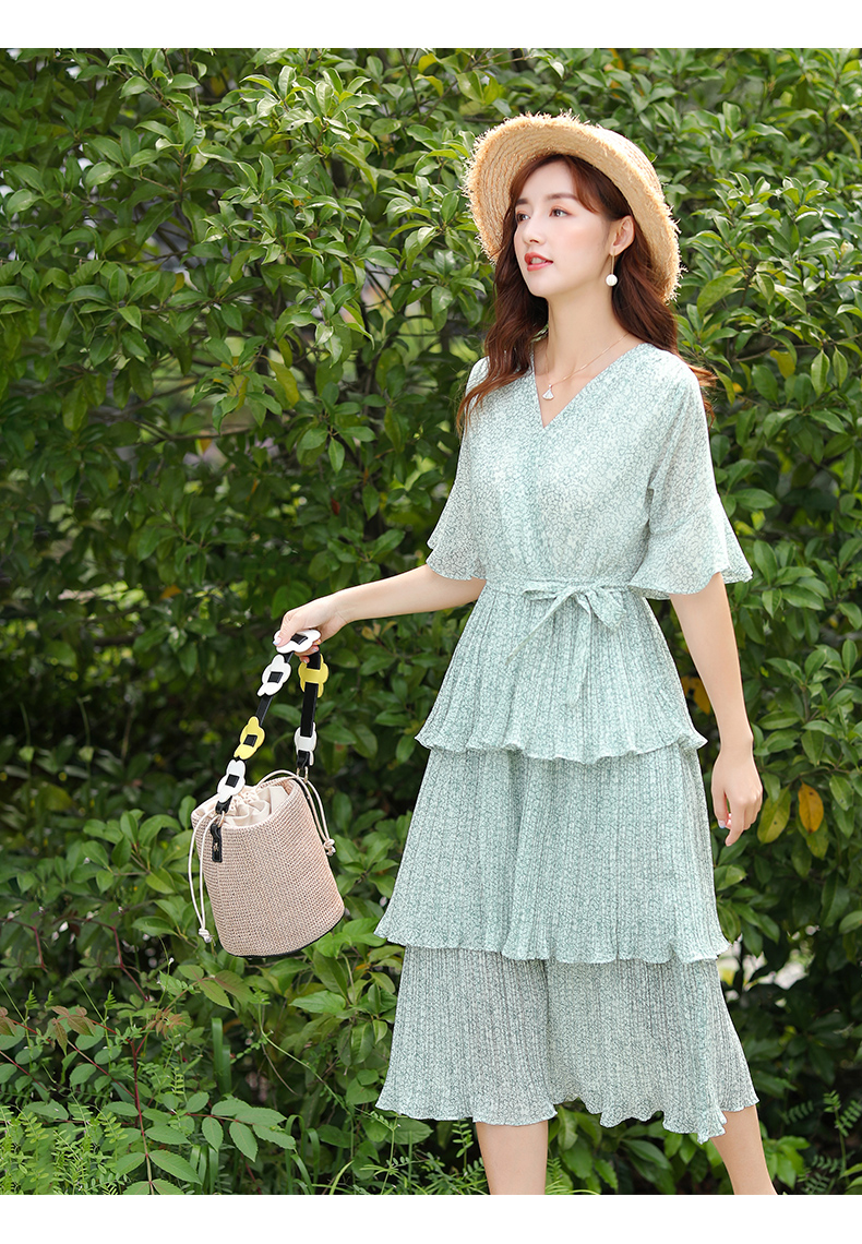 丝婷碎花雪纺五分袖连衣裙女装夏季新款收腰长款蛋糕裙子6106浅绿色l