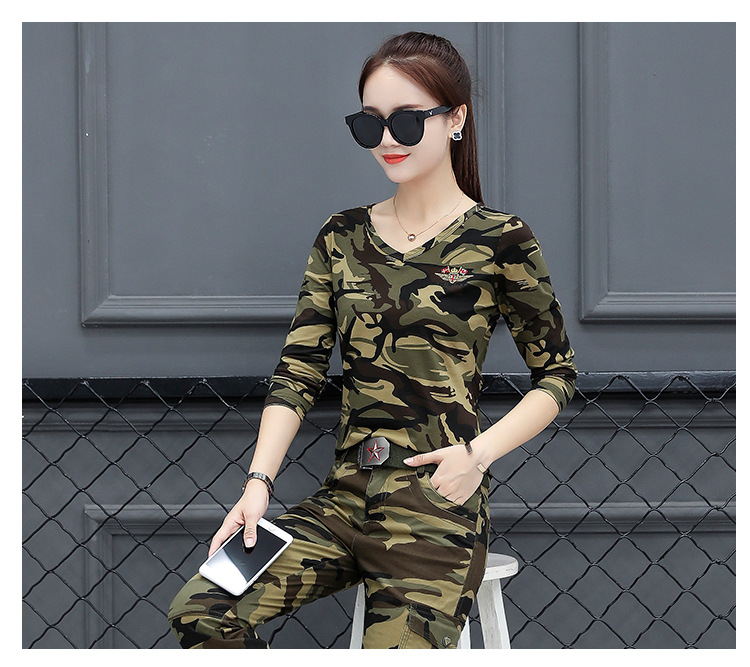 长袖修身显瘦广场舞迷彩服长袖v领t恤上衣多口袋女装迷彩裤户外学生