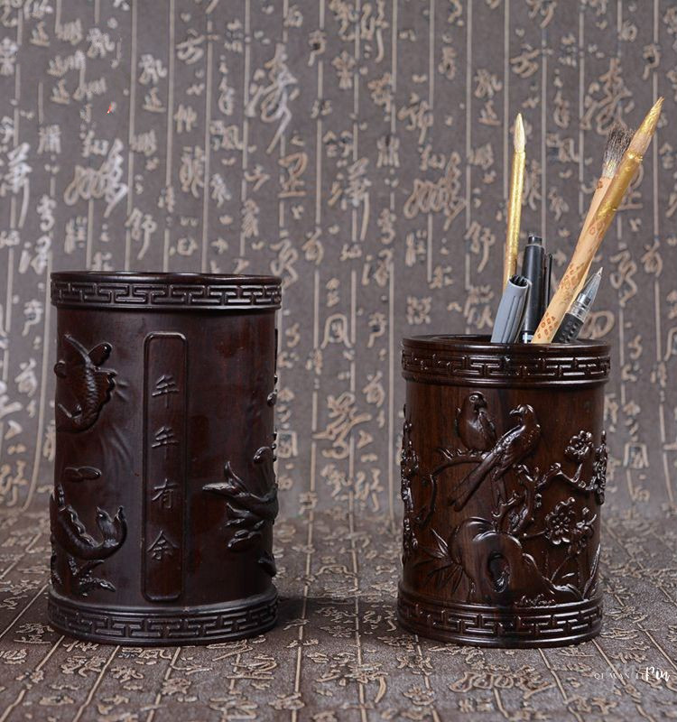 天然竹制笔筒文房四宝 原木毛笔笔筒竹子办公文具 竹报平安【图片